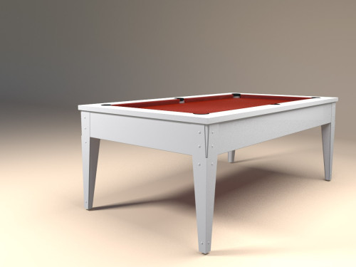 Billard design blanc avec tapis rouge FACTORY Classic. Finition blanc polaire brillant et pieds métal blancs