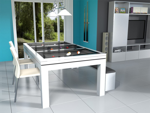 Billard moderne transformable en table NOVEA, finition blanc polaire brillant avec banc assorti. Luminaire CAZMA