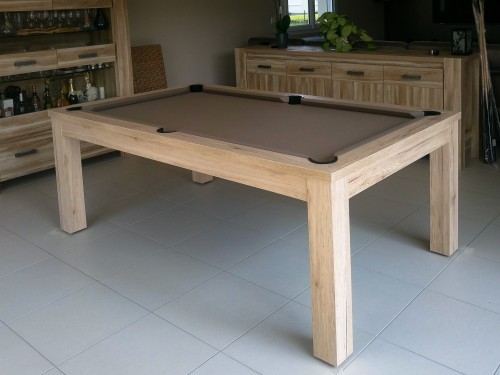 Billard TRENDY US, finition chêne éclairci veiné et tapis taupe