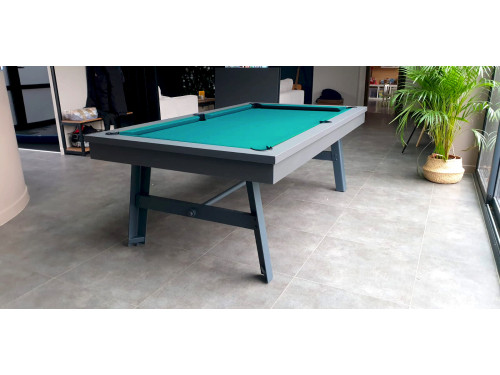 Billard VINTAGE finition gris graphite et pied acier gris anthracite avec tapis de jeu vert-bleu