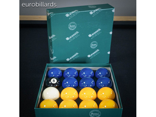 Boîte de billes de blackball jaune et bleue Aramith Premier en résine phénolique au diamètre de jeu de pool américain standard d