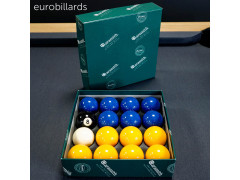 Boîte de billes de billard 8-pool bleu et jaune en 50,8 mm fabriquées en résine phénolique Aramith et vendue par eurobillards