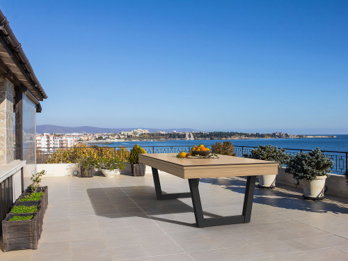 Billard d'exterieur HARMONY-V OUTDOOR transformable en table, finition chêne et pieds noir