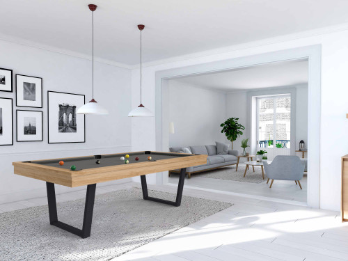 billard viveo easy V 230 jeu américain tissus gris foncé finition chêne et pied anthracite dans grande pièce blanche