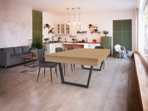 billard table viveo easy V 230 dans une grande cuisine ouverte finition chêne sur pieds anthracites