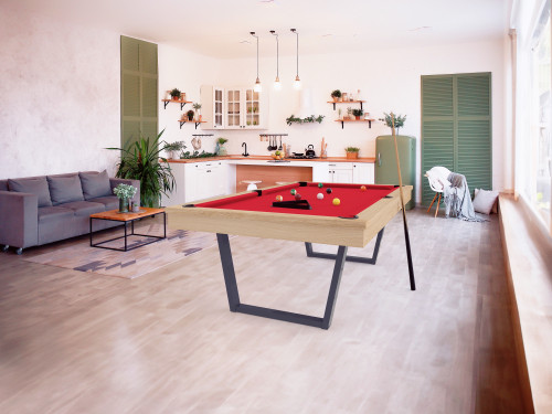 billard table viveo easy V 230 finition chêne sur pieds anthracites jeu américain tissu rouge
