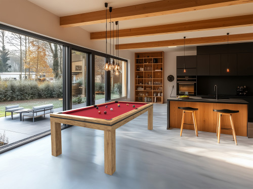 billard table NOVEA 231 finition chêne doré veiné avec tissu de jeu de billard américain rouge