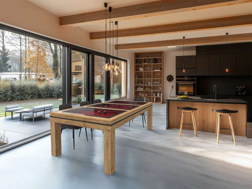 Table NOVEA finition chêne doré veiné plateau BV en verre qui laisse apparaitre le jeu de billard américain au tissu rouge