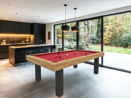 billard table FEELING finition bicolore chêne doré veiné et pieds nano noir avec tapis de jeu de billard américain rouge