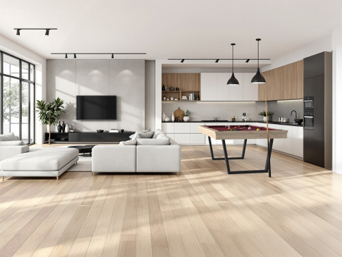 Billard table moderne URBAN finition chêne éclairci veiné et tissu de jeu wine dans un grand salon cuisine blanc et chêne