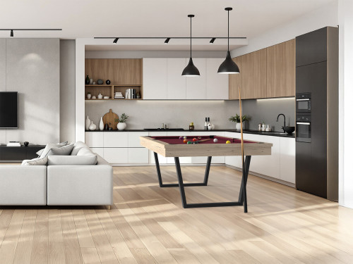zoom sur sur le billard américain convertible en table URBAN finition chêne éclairci veiné avec tissu de jeu couleur wine