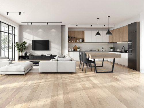 Billard URBAN transformé en table avec plateau ST finition chêne éclairci veiné dans un grand salon cuisine blanc et chêne