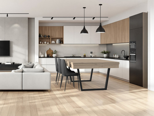 Billard URBAN transformé en table avec son plateau ST finition chêne éclairci veiné et ses chaises assorties au décor moderne