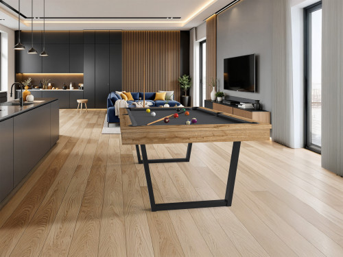 Billard URBAN finition cognac avec tissu de jeu gris ardoise convertible en table dans décor contemporain gris et chêne
