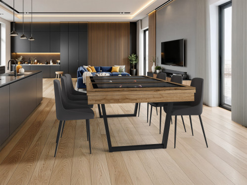 Billard table URBAN finition cognac avec plateau de table en verre transparent dans décor contemporain gris et chêne