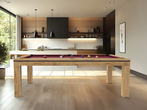 billard américain NOVEA transformable en table finition chêne doré veiné avec tissu couleur wine