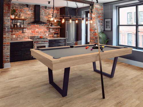 Billard 8-pool Viveo, Easy V tissu gris dans un loft à briques rouges avec accessoires inclus