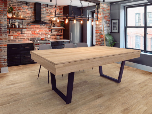 Billard Viveo, Easy V  en mode table en chêne dans un loft à briques rouges