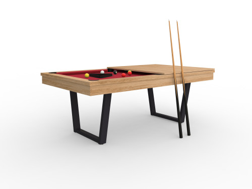 Billard table viveo easy V 210 finition chêne pieds anthracites jeu américain tissu rouge mi plateau kit accessoires inclus
