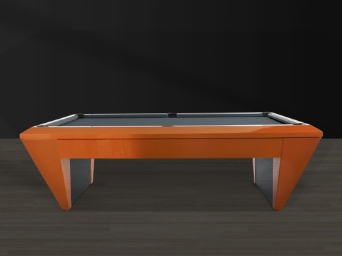 Table de billard design, modèle DIAMOND, laque nacrée orange flamme RAL 2013 et gris foncé LA70. Tissu gris foncé.