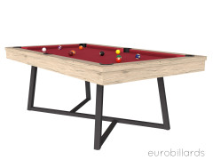 Billard ALTEA avec tissu rouge. Finitions chêne éclairci veiné sur pied métal noir. Se transforme en table