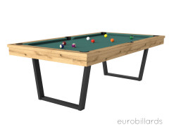 Billard URBAN tissu vert-bleu transformable en table de style industriel chêne doré veiné et pieds noir