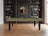 Billard Cottage LP en chene nature avec pieds noirs laques et tapis vert anglais devant une bibliotheque noire et un miroir rond