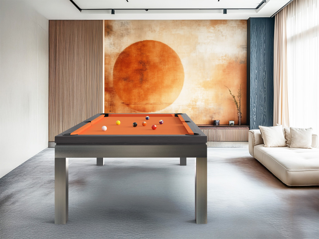 Billard New Tendance C Inox - chêne anthracite, pieds inox, tapis orange - salon zen avec fresque soleil Billard New Tendance C Inox - chêne anthracite, pieds inox, tapis orange - salon zen avec fresque soleil