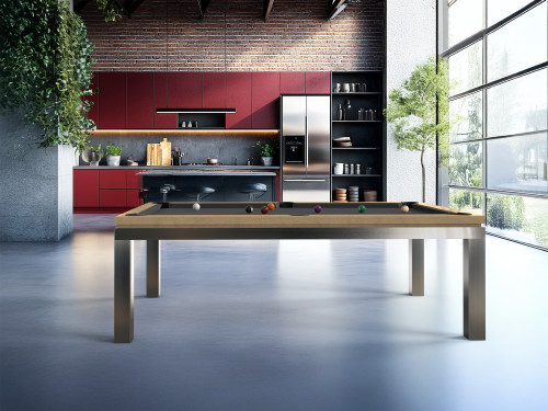 Billard New Tendance Table Inox - chêne nature, pieds inox, tapis gris foncé - vue grand côté, cuisine brique et vitres