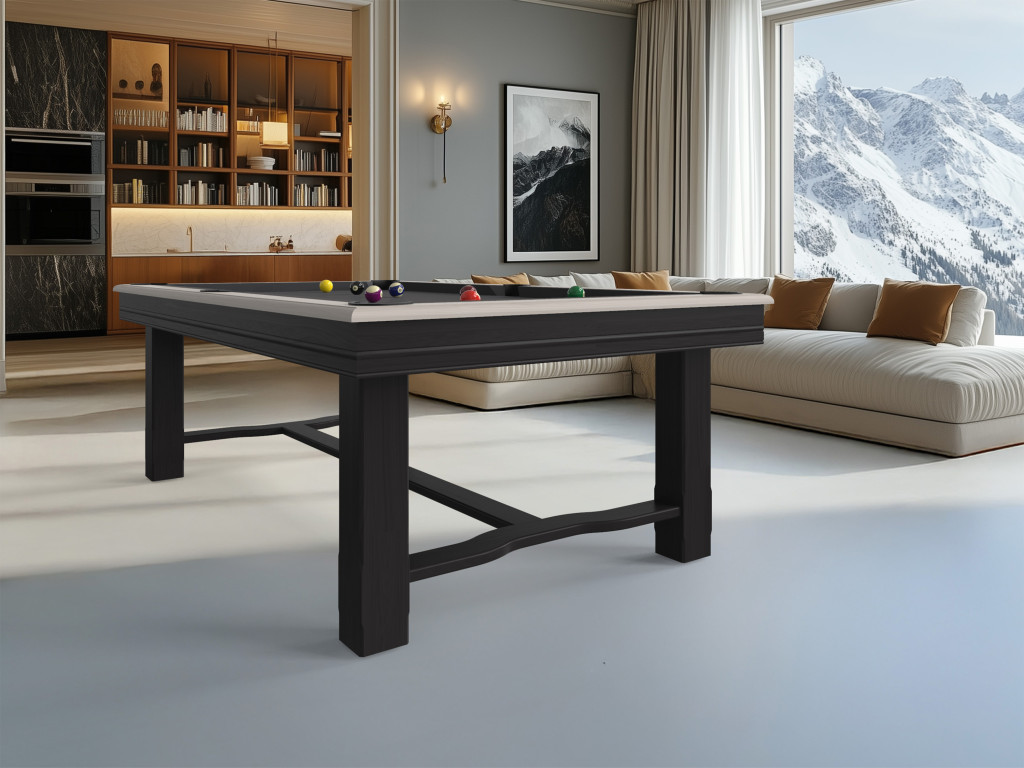 Billard Rustique - chêne blanc et anthracite, tapis gris foncé - salon alpin chic avec vue sur les montagnes Billard Rustique - chêne blanc et anthracite, tapis gris foncé - salon alpin chic avec vue sur les montagnes