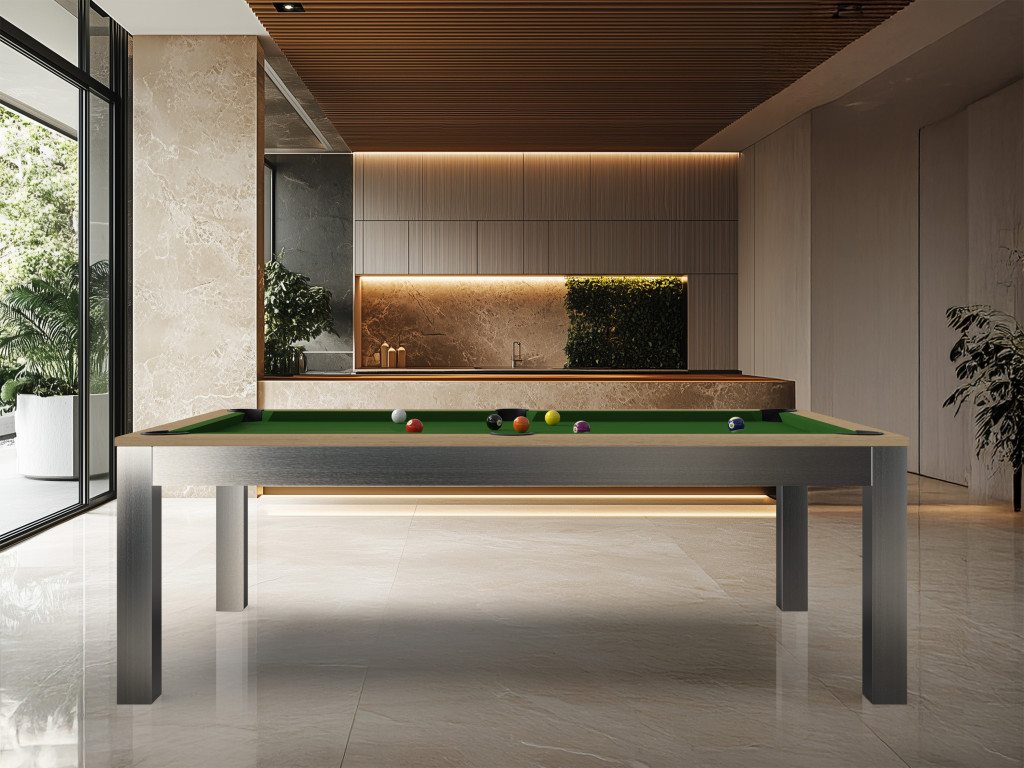 Billard Steel Tendance - chêne nature, pieds inox brossé, tapis vert anglais - cuisine marbre et lumière naturelle Billard Steel Tendance - chêne nature, pieds inox brossé, tapis vert anglais - cuisine marbre et lumière naturelle