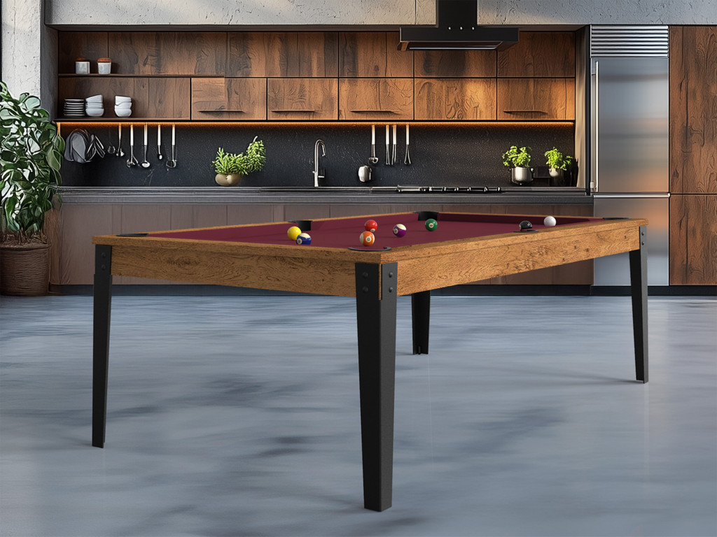 Billard Industry - chêne brossé huilé, piétement noir, tapis wine - cuisine loft industriel en briques Billard Industry - chêne brossé huilé, piétement noir, tapis wine - cuisine loft industriel en briques