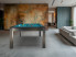 Billard Steel Tendance - chêne noir, pieds inox brossé, tapis tournament - salon design avec fresque artistique et canapé