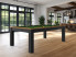 Billard Tendance BI - chêne brossé huilé, pieds noir laqué, tapis vert jaune - pièce ouverte avec verrière et poutres