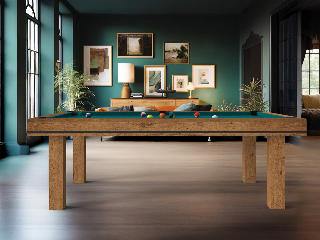 eurobillards – gamme excellence – billard harmony c bois, tapis bleu pétrole, chêne brossé huilé, dans un salon arty vert eurobillards – gamme excellence – billard harmony c bois, tapis bleu pétrole, chêne brossé huilé, dans un salon arty vert