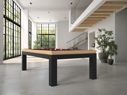 eurobillards – gamme excellence – billard new tendance c bois bicolor, tapis wine, chêne nature x2, intérieur industriel