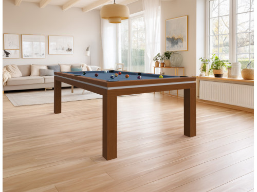 eurobillards – gamme excellence – billard new tendance table bois, tapis bleu poudre, ch 602,  intérieur avec plantes et canapé