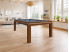 eurobillards – gamme excellence – billard new tendance table bois, tapis bleu poudre, ch 602,  intérieur avec plantes et canapé