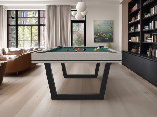 billard harmony v, tapis vert bleu, chêne blanc, liséré noir, intérieur clair avec bibliothèque