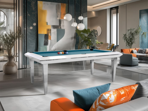 eurobillards – gamme excellence – billard quartz inox, blanc brillant, tapis powder blue, intérieur art moderne et coussins