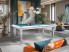eurobillards – gamme excellence – billard quartz inox, blanc brillant, tapis powder blue, intérieur art moderne et coussins