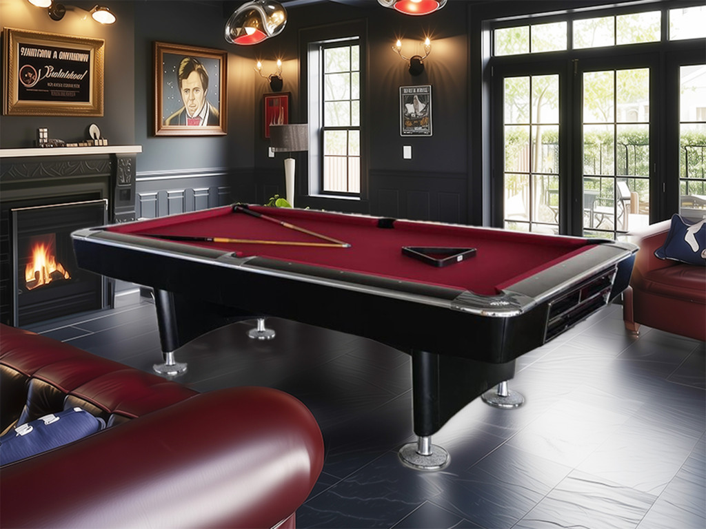 billard memphis – noir, tapis bordeaux, intérieur mancave avec cheminée, fauteuils club et portrait rétro billard memphis – noir, tapis bordeaux, intérieur mancave avec cheminée, fauteuils club et portrait rétro