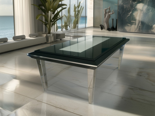 billard Quartz en noir brillant avec plateau décor central stratifié inox, dans un salon avec sculptures artistiques.