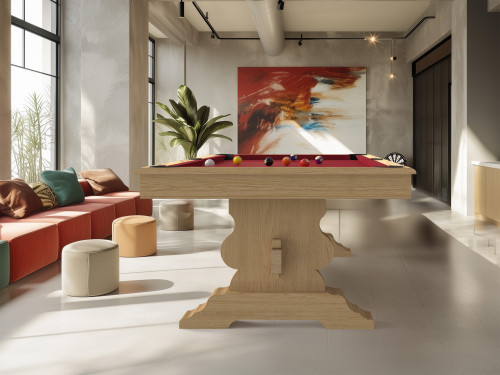 billard Antique en chêne nature avec tapis rouge, dans un intérieur moderne couleurs estivales, avec canapé modulable