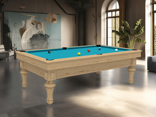 Billard Europrestige en chêne naturel brossé avec tapis Tournament, dans un loft artistique avec grande œuvre abstraite
