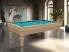 Billard Europrestige en chêne naturel brossé avec tapis Tournament, dans un loft artistique avec grande œuvre abstraite