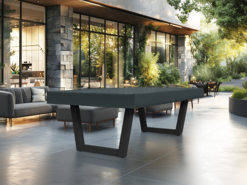 billard Harmony V Outdoor avec housse de protection, sur une terrasse contemporaine avec mobilier d’extérieur.