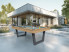 billard Harmony V Outdoor avec décor HPL chêne naturel, tapis bleu poudre et pieds gris ardoise, avec piscine