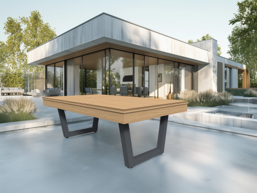 billard Harmony V Outdoor avec plateau ST en HPL chêne naturel et pieds gris ardoise, une terrasse moderne avec piscine