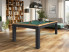 billard-TRENDY BI – chêne doré veiné, tapis vert bleu, piètement nano noir. Design contemporain salon lumineux au style moderne